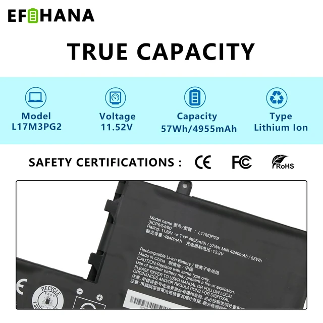 Alt view image 3 of 7 - L17M3PG2 L17C3PG2 57Wh Laptop Battery Replacement for Lenovo Legion Y530-1060 Y545-81Q6 Y540 15ich Y7000 Y7000P-1060 Y540-17lRH Series 5B10W67380 5B10T310455 11.52V 4955mAh (Ultra-Long Line)