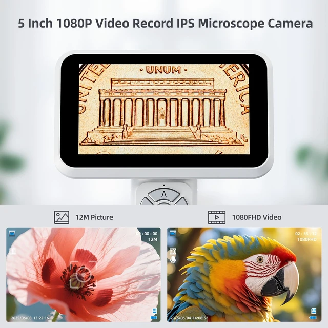 Alt view image 2 of 7 - Digital Microscope, 5" 1080P Coin Microscope Camera Error Coin Microscope with 7.3" Metal Stand, Handheld USB Coin Magnifier, 8 Adjustable LED Lights, Windows Mac PC Compatible