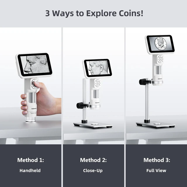 Alt view image 4 of 7 - Digital Microscope, 5" 1080P Coin Microscope Camera Error Coin Microscope with 7.3" Metal Stand, Handheld USB Coin Magnifier, 8 Adjustable LED Lights, Windows Mac PC Compatible