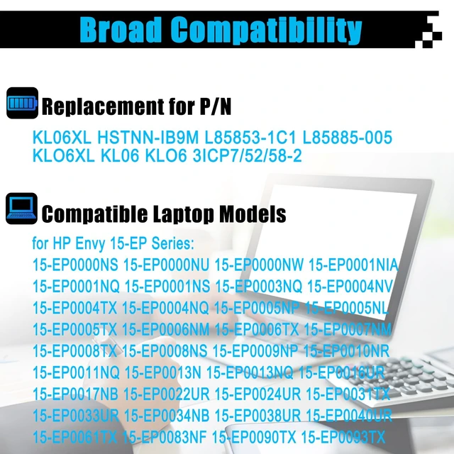 Alt view image 3 of 7 - KL06XL Laptop Battery for HP Envy 15-EP0000NS 15-EP0001NK 15-EP0003NQ 15-EP0098NR 15-EP0005NL 15-EP0006NM 15-EP0006TX 15-EP0000NU Series HSTNN-IB9M L85853-1C1 KL06 KLO6 L85885-005 11.58V 83.14Wh