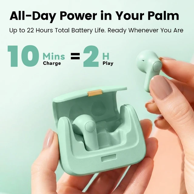 Alt view image 4 of 7 - Wireless Earbuds with Mini Handbag Case, 22H Playtime, Sage Green Bluetooth 5.3, 13mm drivers, touch controls and DIY stickers for music, calls, travel, everyday wear and gifting