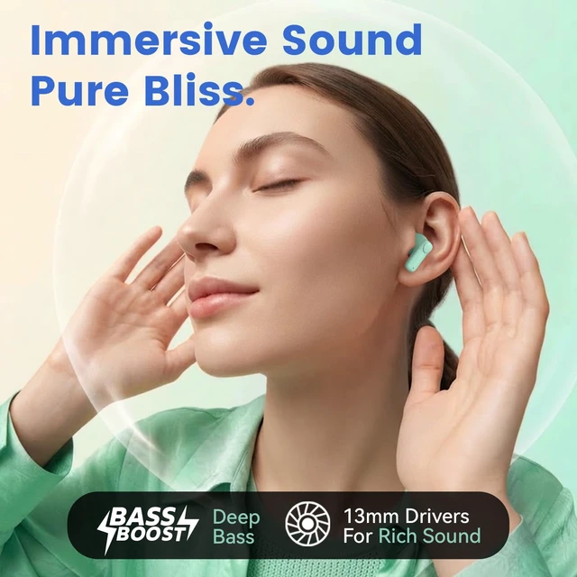 Alt view image 3 of 7 - Wireless Earbuds with Mini Handbag Case, 22H Playtime, Sage Green Bluetooth 5.3, 13mm drivers, touch controls and DIY stickers for music, calls, travel, everyday wear and gifting