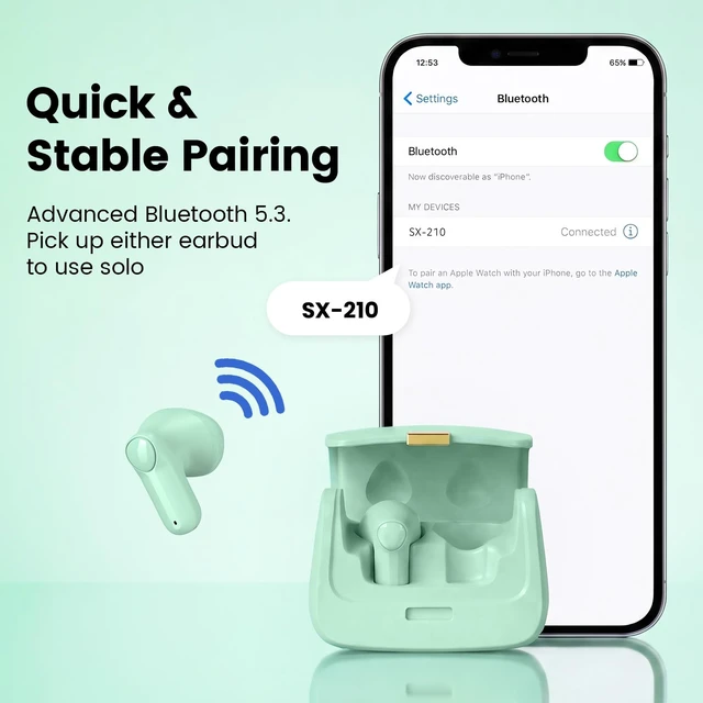 Alt view image 5 of 7 - Wireless Earbuds with Mini Handbag Case, 22H Playtime, Sage Green Bluetooth 5.3, 13mm drivers, touch controls and DIY stickers for music, calls, travel, everyday wear and gifting