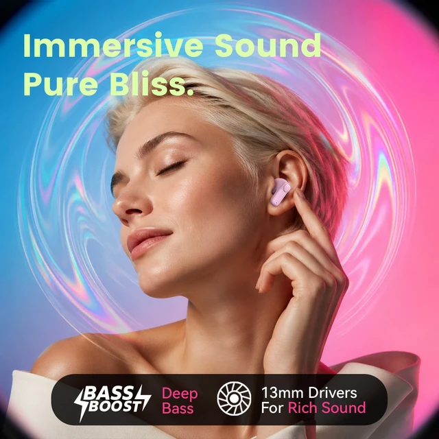 Alt view image 3 of 7 - Pink Wireless Earbuds with Mini Handbag Case, 22H Playtime Bluetooth 5.3, 13mm drivers, touch controls and DIY stickers for music, calls, travel, everyday wear and gifting