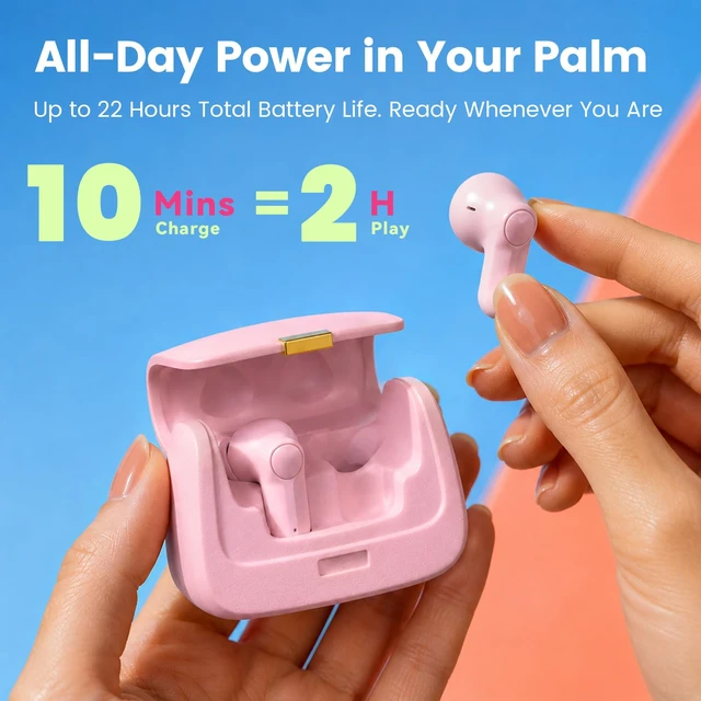 Alt view image 4 of 7 - Pink Wireless Earbuds with Mini Handbag Case, 22H Playtime Bluetooth 5.3, 13mm drivers, touch controls and DIY stickers for music, calls, travel, everyday wear and gifting