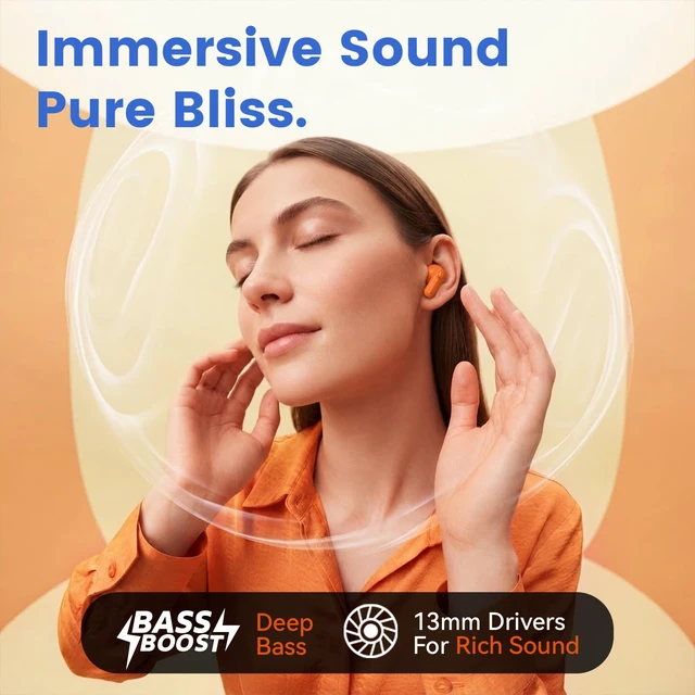Alt view image 3 of 7 - Wireless Earbuds with Mini Handbag Case, 22H Playtime, Orange Bluetooth 5.3, 13mm drivers, touch controls and DIY stickers for music, calls, travel, everyday wear and gifting