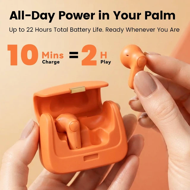 Alt view image 4 of 7 - Wireless Earbuds with Mini Handbag Case, 22H Playtime, Orange Bluetooth 5.3, 13mm drivers, touch controls and DIY stickers for music, calls, travel, everyday wear and gifting