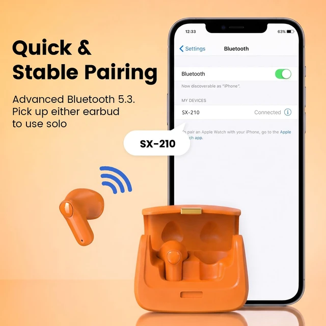 Alt view image 5 of 7 - Wireless Earbuds with Mini Handbag Case, 22H Playtime, Orange Bluetooth 5.3, 13mm drivers, touch controls and DIY stickers for music, calls, travel, everyday wear and gifting