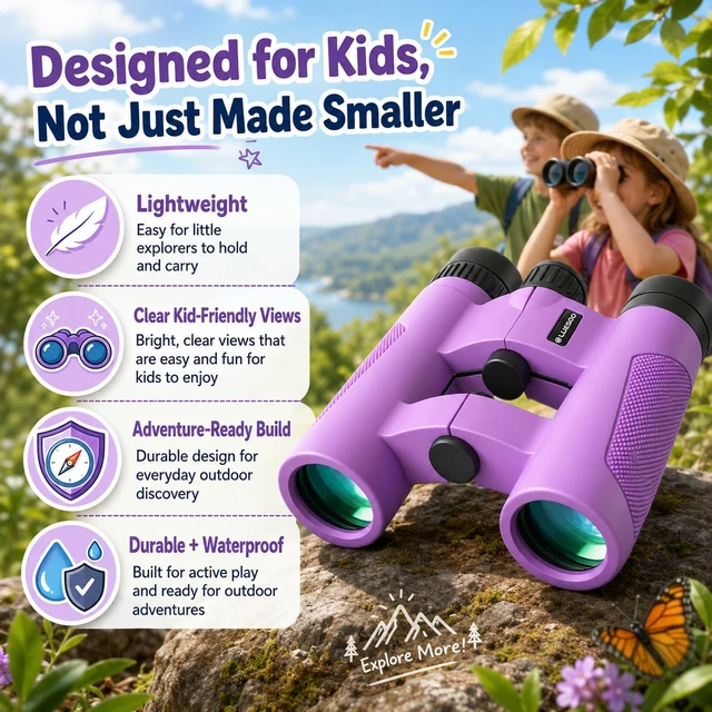 Alt view image 5 of 7 - Binoculars for Kids 8-12, 10x25 Binoculars for Bird Watching - Purple Lightweight & Easy to Hold, Clear Wildlife Viewing, Compact Travel-Friendly Design, Great for Hiking & Camping