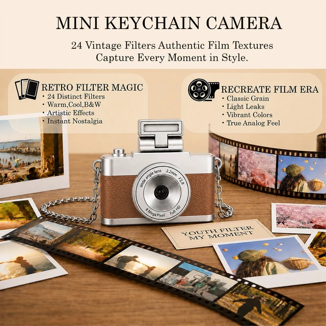 Alt view image 3 of 7 - Mini Keychain Camera, 1080P Y2K Vintage Digital Camera for Kids & Tweens, Cute Tiny Pocket Video Recorder, 24 Filters, Birthday Gift for Girls & Boys, Brown, TF Card & Cable Not Included