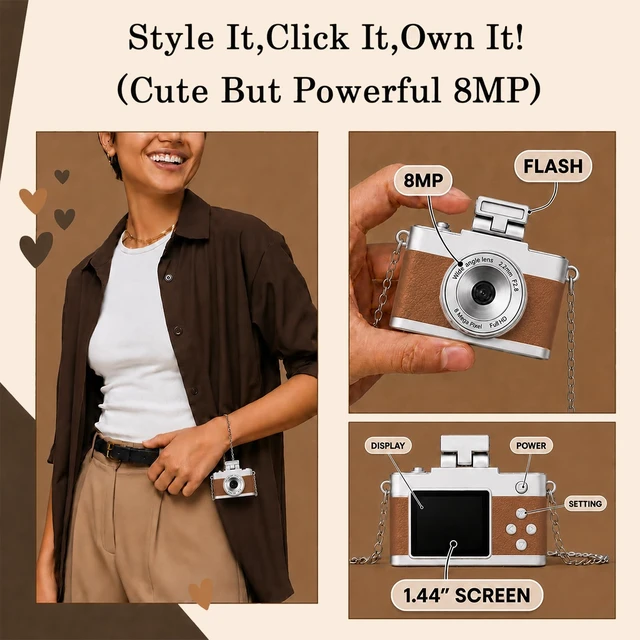 Alt view image 6 of 7 - Mini Keychain Camera, 1080P Y2K Vintage Digital Camera for Kids & Tweens, Cute Tiny Pocket Video Recorder, 24 Filters, Birthday Gift for Girls & Boys, Brown, TF Card & Cable Not Included