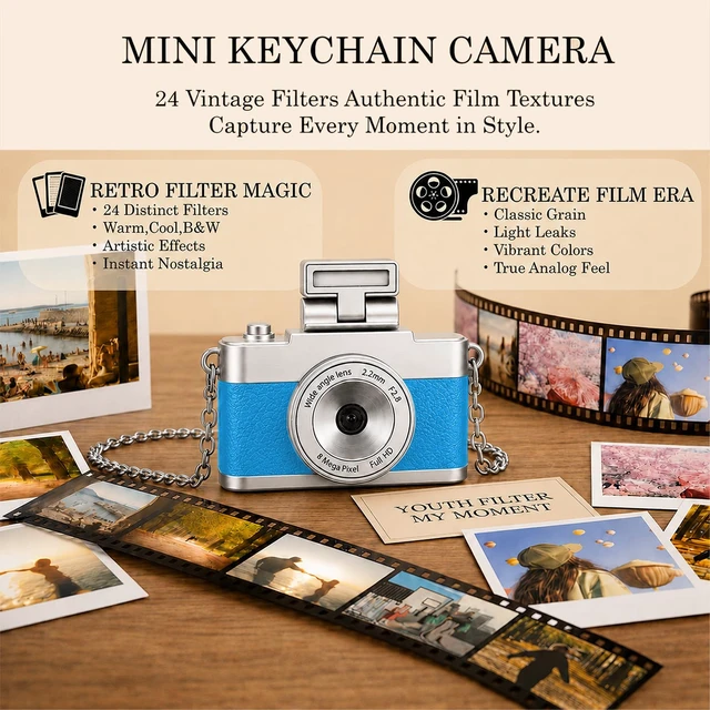 Alt view image 3 of 7 - Mini Keychain Camera, 1080P Y2K Vintage Digital Camera for Kids & Tweens, Cute Tiny Pocket Video Recorder, 24 Filters, Birthday Gift for Girls & Boys, Blue, TF Card & Cable Not Included