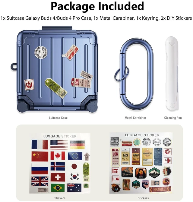 Alt view image 5 of 7 - Compatible with Samsung Galaxy Buds 4 Pro Case & Galaxy Buds 4 Case & Galaxy Buds 4 Case Cover, Cute Funny Fashion Suitcase Design Protective Hard Case with Cleaner Kit & Keychain