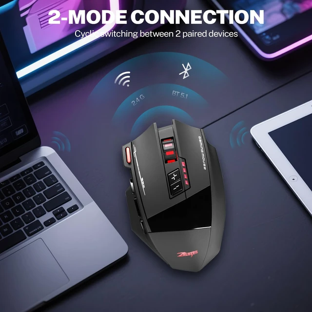 Alt view image 3 of 7 - Wireless Gaming Mouse, RGB Dual Mode Bluetooth Mouse Up 24,000 DPI, 13 Macro Programmable Buttons, Optical Computer Mouse 50Hrs for PC Laptop MOBA FPS, PMW-3311, Comfort Grip (Black)
