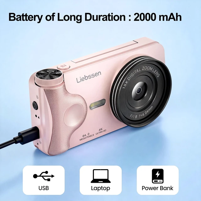 Alt view image 3 of 7 - 4K Digital Camera 64MP Autofocus 3.0'' 180° Flip Screen Portable for Photo & Vlog Featuring Time Lapse & Slow Motion&20 Filters 32GB 2000mAh for Social Media CreatorBeginner&Childen (Pink, Camera)