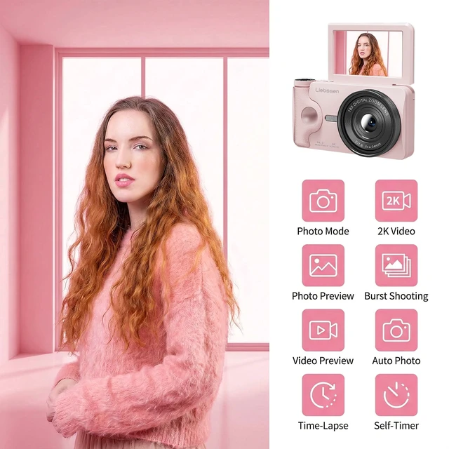 Alt view image 5 of 7 - 4K Digital Camera 64MP Autofocus 3.0'' 180° Flip Screen Portable for Photo & Vlog Featuring Time Lapse & Slow Motion&20 Filters 32GB 2000mAh for Social Media CreatorBeginner&Childen (Pink, Camera)