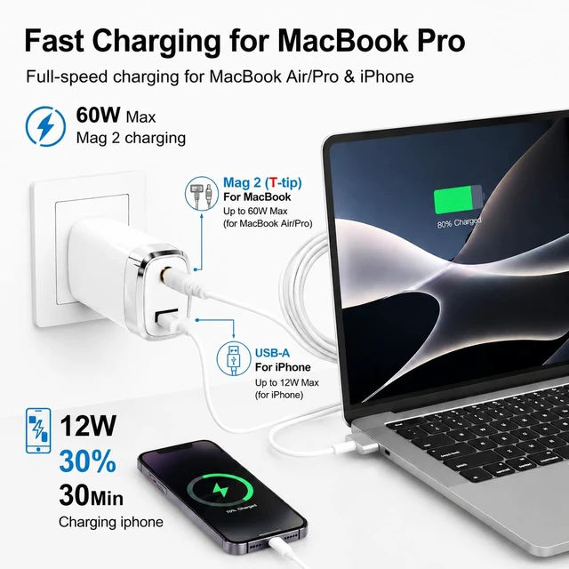 Alt view image 2 of 6 - Mac Book Pro/Air Charger 60W Magnetic 2 T-Tip Adapter 11-13 inch 2012-2017 Mag 2 Laptop Charger Compatible with Mac book Air 11", Mac book Pro 13" Between 2012-2017 with Model: A1425, A1465, A1502