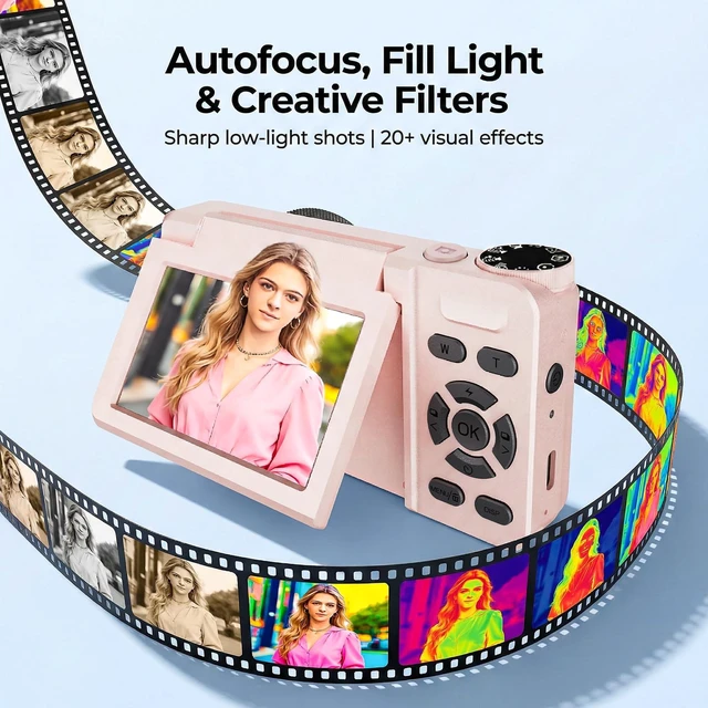 Alt view image 6 of 7 - 4K Digital Camera 64MP Autofocus 3.0'' 180° Flip Screen Portable for Photo & Vlog Featuring Time Lapse & Slow Motion&20 Filters 32GB 2000mAh for Social Media CreatorBeginner&Childen (Pink, Camera)
