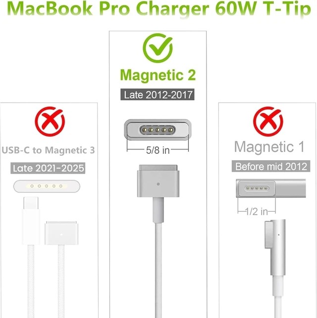 Alt view image 4 of 6 - Mac Book Pro/Air Charger 60W Magnetic 2 T-Tip Adapter 11-13 inch 2012-2017 Mag 2 Laptop Charger Compatible with Mac book Air 11", Mac book Pro 13" Between 2012-2017 with Model: A1425, A1465, A1502