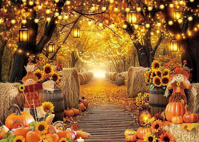 Alt view image 2 of 7 - Autumn Forest Scenery Backdrop Fall Farm Harvest Maple Leaves Pumpkins Sunflowers Photography Background Thanksgiving Friendsgiving Family Birthday Party Decorations Photo Booth Studio Props 10x8FT