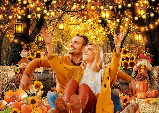 Alt view image 3 of 7 - Autumn Forest Scenery Backdrop Fall Farm Harvest Maple Leaves Pumpkins Sunflowers Photography Background Thanksgiving Friendsgiving Family Birthday Party Decorations Photo Booth Studio Props 10x8FT