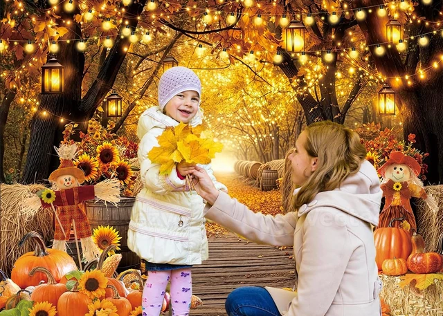 Alt view image 5 of 7 - Autumn Forest Scenery Backdrop Fall Farm Harvest Maple Leaves Pumpkins Sunflowers Photography Background Thanksgiving Friendsgiving Family Birthday Party Decorations Photo Booth Studio Props 10x8FT