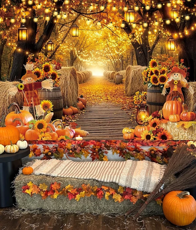 Alt view image 4 of 7 - Autumn Forest Scenery Backdrop Fall Farm Harvest Maple Leaves Pumpkins Sunflowers Photography Background Thanksgiving Friendsgiving Family Birthday Party Decorations Photo Booth Studio Props 10x8FT