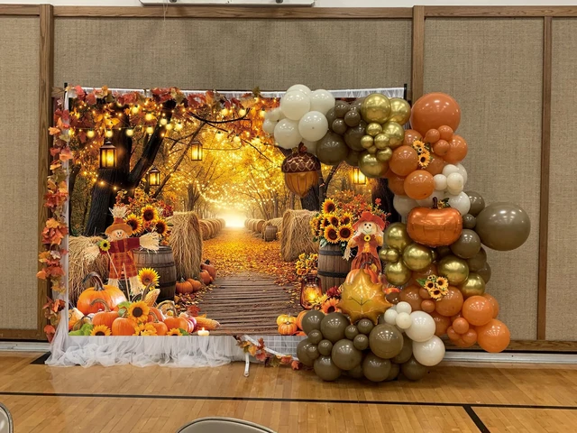 Alt view image 6 of 7 - Autumn Forest Scenery Backdrop Fall Farm Harvest Maple Leaves Pumpkins Sunflowers Photography Background Thanksgiving Friendsgiving Family Birthday Party Decorations Photo Booth Studio Props 10x8FT