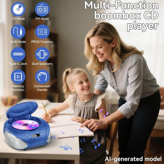 Alt view image 2 of 7 - CD Player Portable Boombox Radio CD Players with Dual Speakers (Blue)