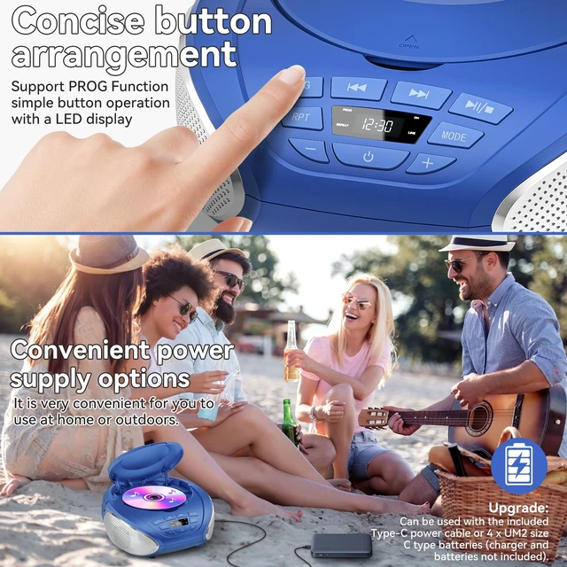 Alt view image 6 of 7 - CD Player Portable Boombox Radio CD Players with Dual Speakers (Blue)