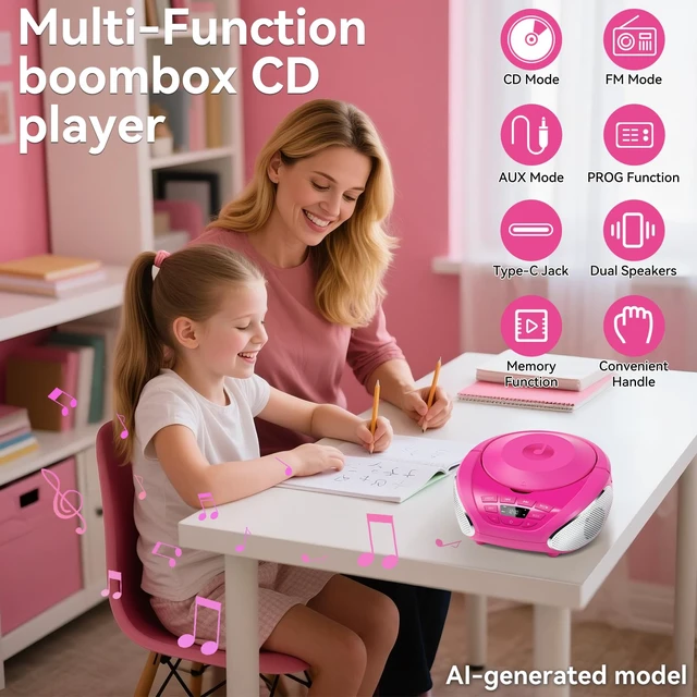 Alt view image 2 of 7 - CD Player Portable Boombox Radio CD Players with Dual Speakers (Pink)
