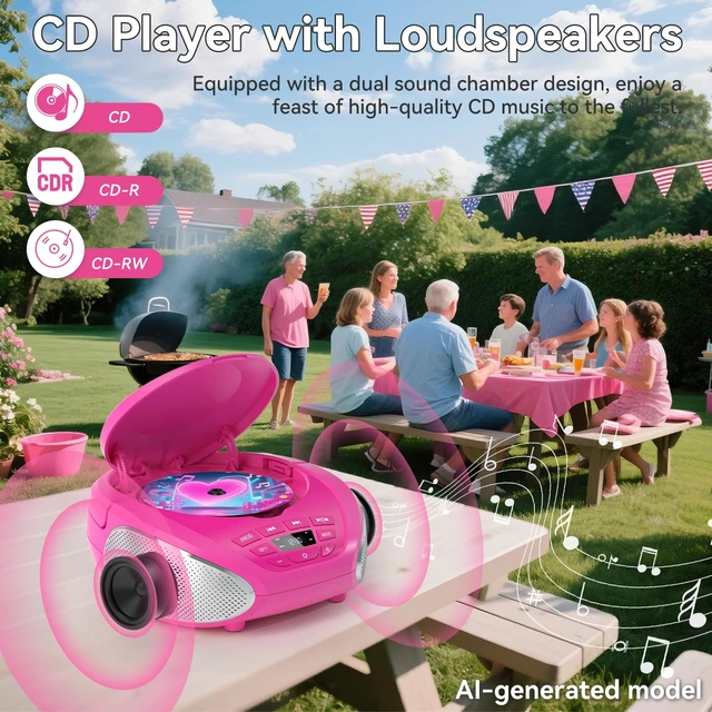 Alt view image 3 of 7 - CD Player Portable Boombox Radio CD Players with Dual Speakers (Pink)