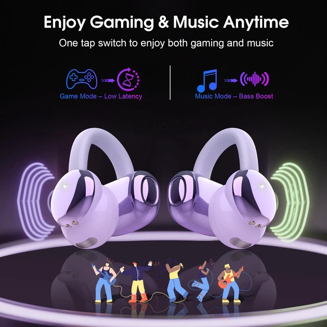 Alt view image 6 of 7 - Open Ear Earbuds Wireless Clip on Headphones Bluetooth 5.4 Ear Buds with DNN Noise Cancelling, 48H Playtime, Low Latency, Fashion Design, Secure Fit, Clear Sound for Music & Calls (Purple)