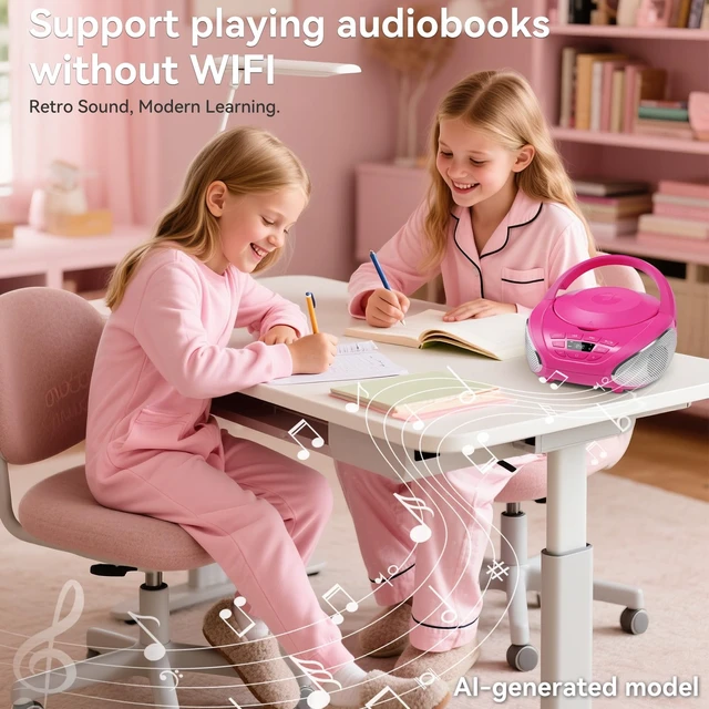 Alt view image 5 of 7 - CD Player Portable Boombox Radio CD Players with Dual Speakers (Pink)