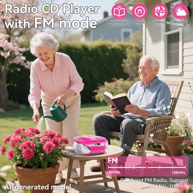 Alt view image 4 of 7 - CD Player Portable Boombox Radio CD Players with Dual Speakers (Pink)