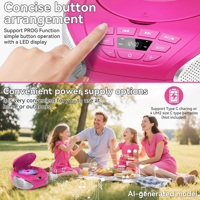 Alt view image 6 of 7 - CD Player Portable Boombox Radio CD Players with Dual Speakers (Pink)