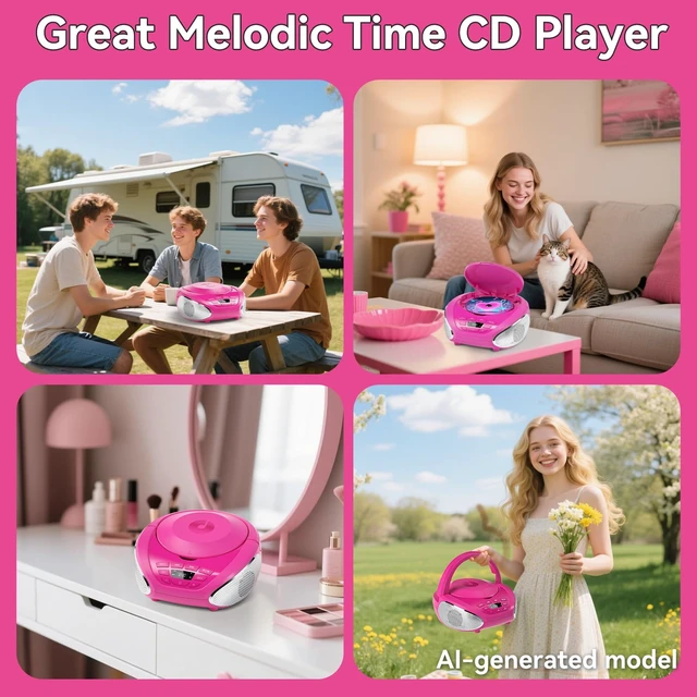 Alt view image 7 of 7 - CD Player Portable Boombox Radio CD Players with Dual Speakers (Pink)