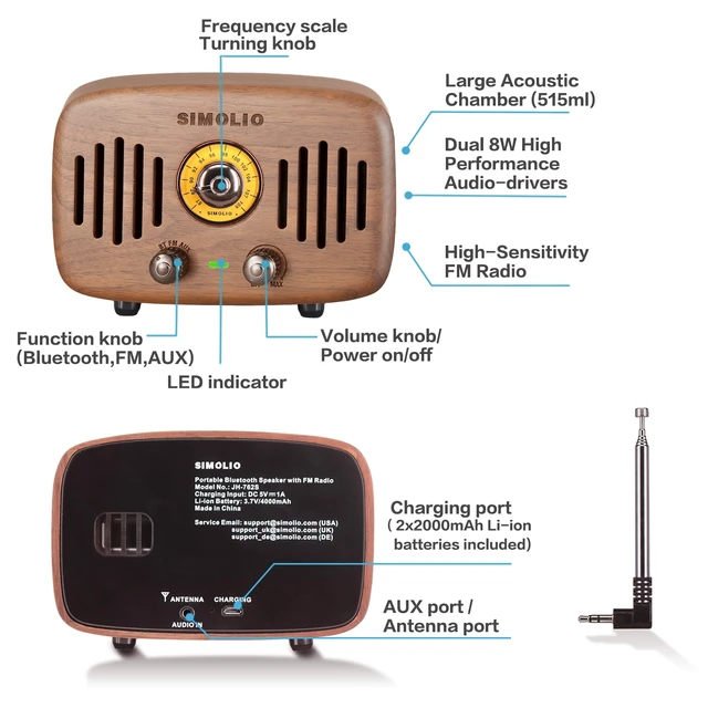 Alt view image 3 of 7 - Vintage Radio Retro Wooden Bluetooth Speakers, FM Radio & AUX in Loud and Powerful 2x8W Ultimate Stereo Sound, Nature Black Walnut Speaker, Bluetooth CSR Chip, HD Sound & Bass, Gift Ideas