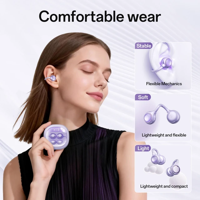 Alt view image 3 of 7 - Open Ear Earbuds Open Ear Headphones Wireless Bluetooth 35Hrs Playtime Stereo Sound Ear Buds Wireless Charging Case Digital Display Open Earbuds for Running, Workout, Travel, and Daily Use (Purple)