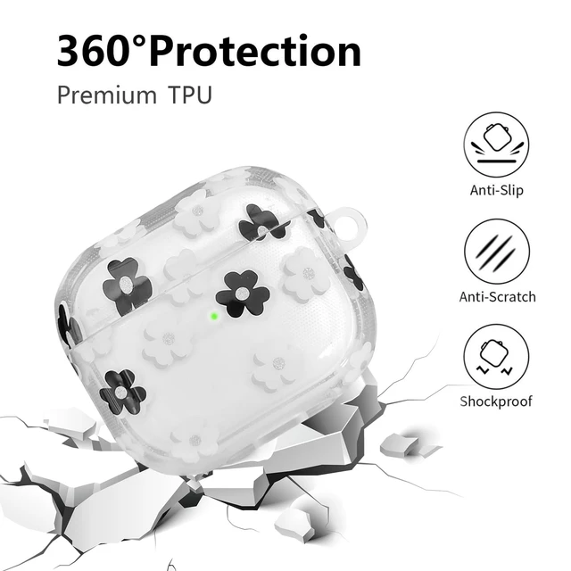 Alt view image 3 of 7 - Compatible with AirPods 3 Case Cover 2021, Soft TPU with Cute Flower Pattern for AirPods 3rd Generation Case with Flower Keychain and Carabiner for Girls Women (Black)