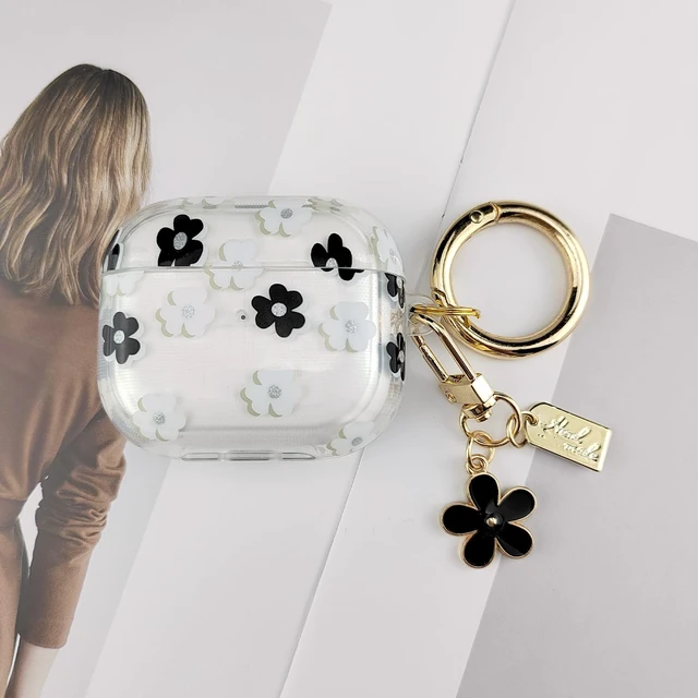 Alt view image 5 of 7 - Compatible with AirPods 3 Case Cover 2021, Soft TPU with Cute Flower Pattern for AirPods 3rd Generation Case with Flower Keychain and Carabiner for Girls Women (Black)