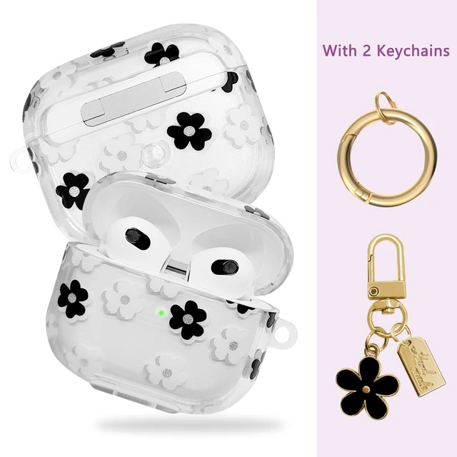 Alt view image 2 of 7 - Compatible with AirPods 3 Case Cover 2021, Soft TPU with Cute Flower Pattern for AirPods 3rd Generation Case with Flower Keychain and Carabiner for Girls Women (Black)