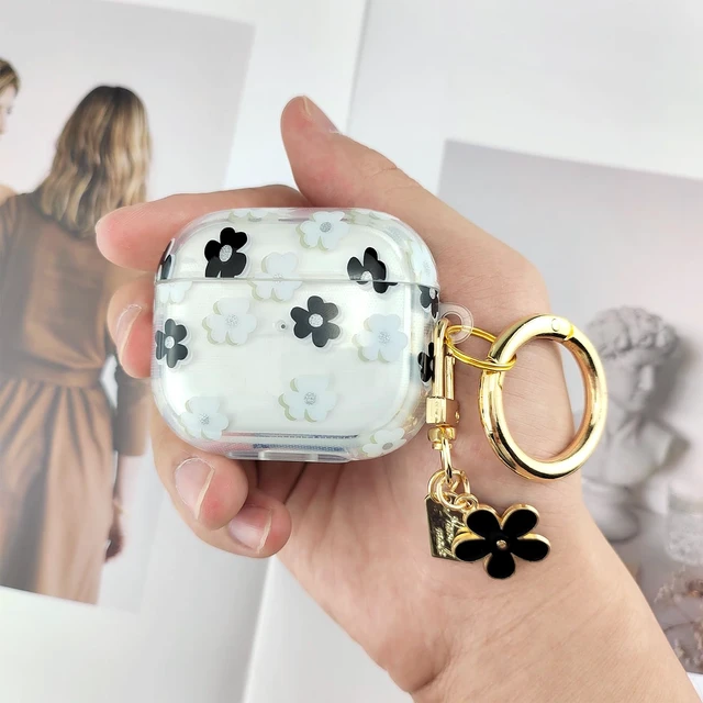 Alt view image 6 of 7 - Compatible with AirPods 3 Case Cover 2021, Soft TPU with Cute Flower Pattern for AirPods 3rd Generation Case with Flower Keychain and Carabiner for Girls Women (Black)