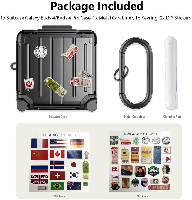 Alt view image 5 of 7 - Compatible with Samsung Galaxy Buds 4 Pro Case & Galaxy Buds 4 Case & Galaxy Buds 4 Case Cover, Cute Funny Fashion Suitcase Design Protective Hard Case with Cleaner Kit & Keychain