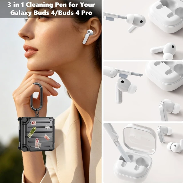 Alt view image 6 of 7 - Compatible with Samsung Galaxy Buds 4 Pro Case & Galaxy Buds 4 Case & Galaxy Buds 4 Case Cover, Cute Funny Fashion Suitcase Design Protective Hard Case with Cleaner Kit & Keychain