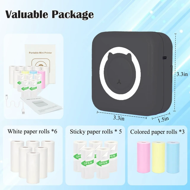 Alt view image 2 of 7 - Mini Thermal Inkless Sticker Printer with 14 Rolls Paper, Compatible with iPhone/Android Phone/Tablet, Mini Pocket Printer for Photos/Stickers/Labels/Notes, Black