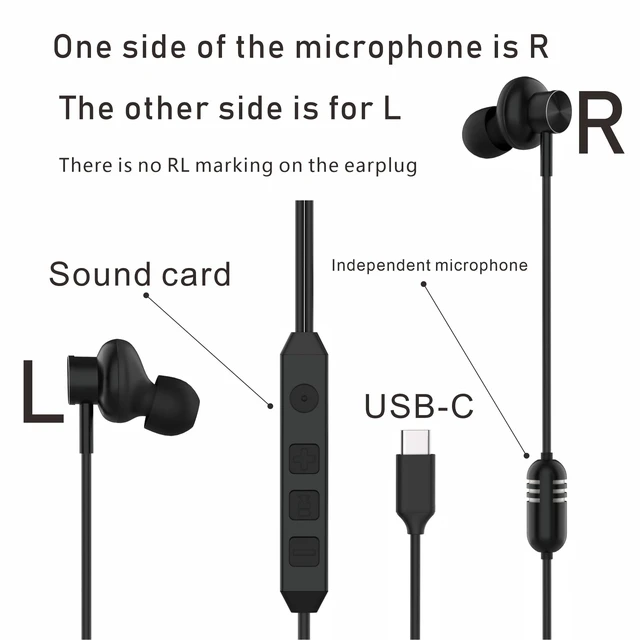 Alt view image 5 of 7 - USB-C in-Ear Wired Headphones,Earbuds, with high-Fidelity Sound Card, 5-Mode Audio, Low-Latency Gaming, KTV Vocal Enhancement-Black