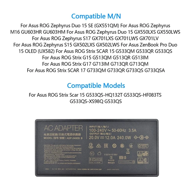 Alt view image 4 of 7 - 240W 20V 12A AC Laptop Charger Fit for ASUS ROG 15 GX550LXS RTX2080 ADP-240EB B, AC input: 100 - 240V / 50-60Hz, Connector size: 6.0*3.7mm, with Power Cord