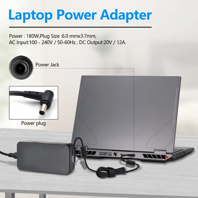 Alt view image 5 of 7 - 240W 20V 12A AC Laptop Charger Fit for ASUS ROG 15 GX550LXS RTX2080 ADP-240EB B, AC input: 100 - 240V / 50-60Hz, Connector size: 6.0*3.7mm, with Power Cord