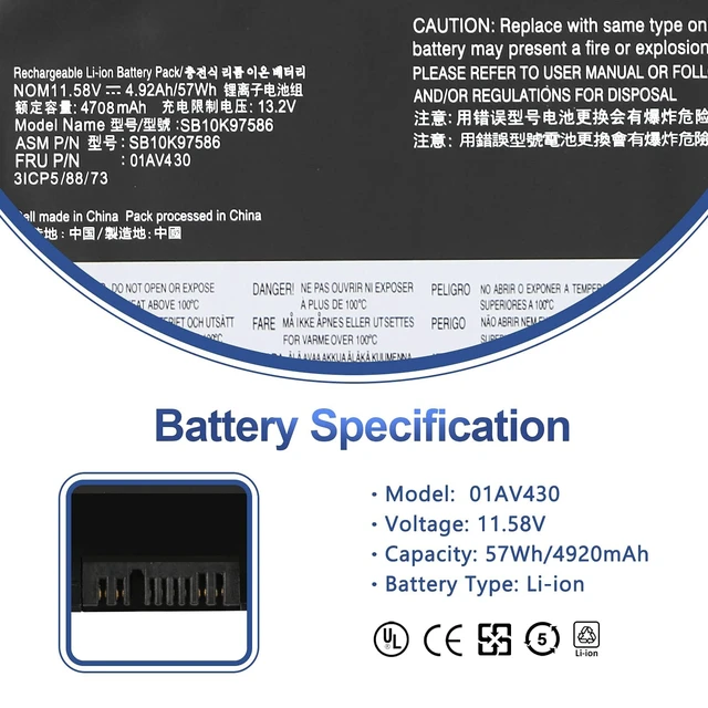 Alt view image 2 of 7 - 01AV430 01AV494 Laptop Battery for Lenovo ThinkPad X1 Carbon 5th Gen 2017, for ThinkPad X1 Carbon 6th Gen 2018 Series 01AV431 SB10K97587 SB10K97588 SB10K97586 01AV429 SB10K97586 57Wh 4920mAh